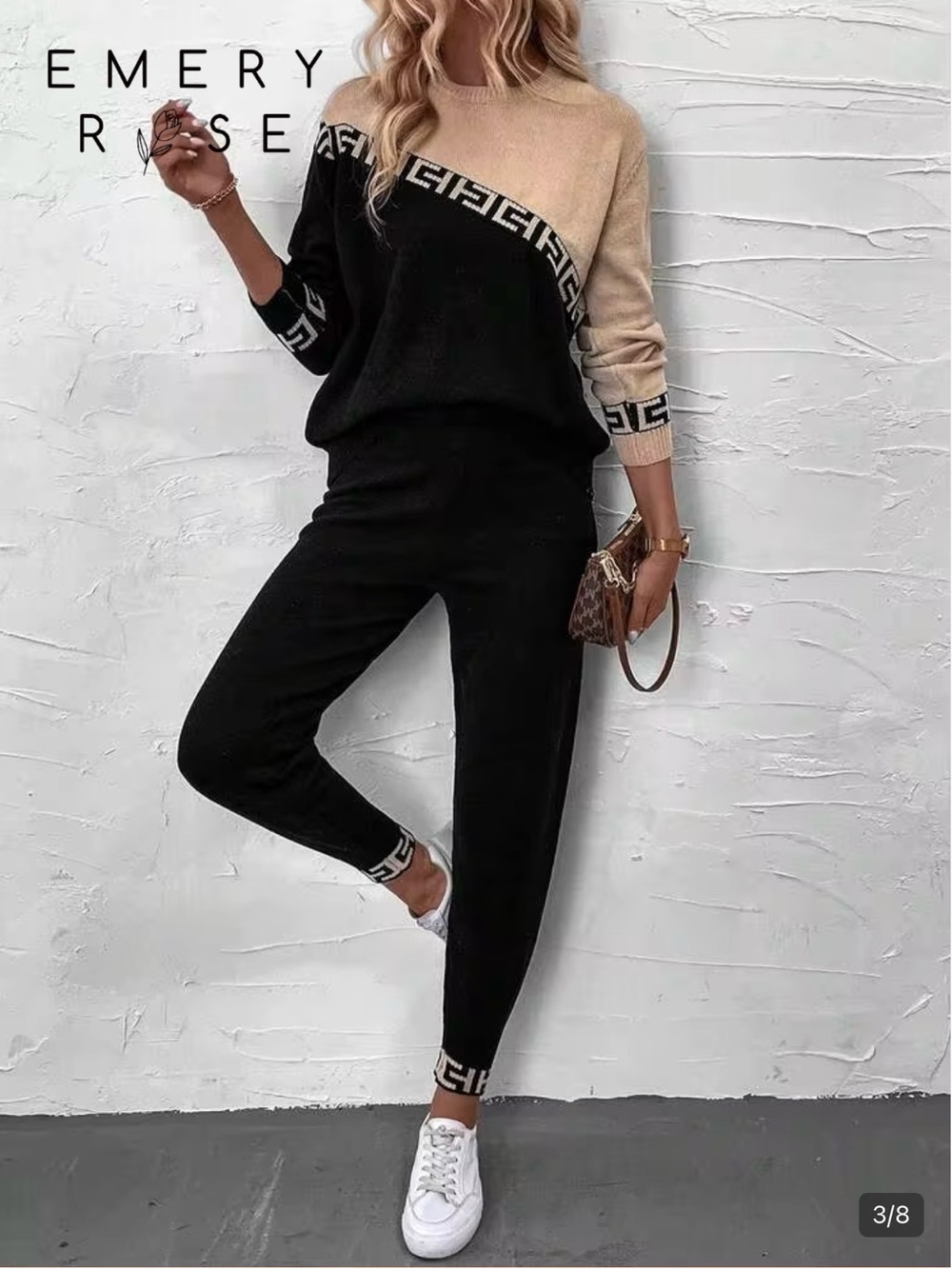 SHEIN Color Block Knit Sweater Set in Black & Brown Size Medium